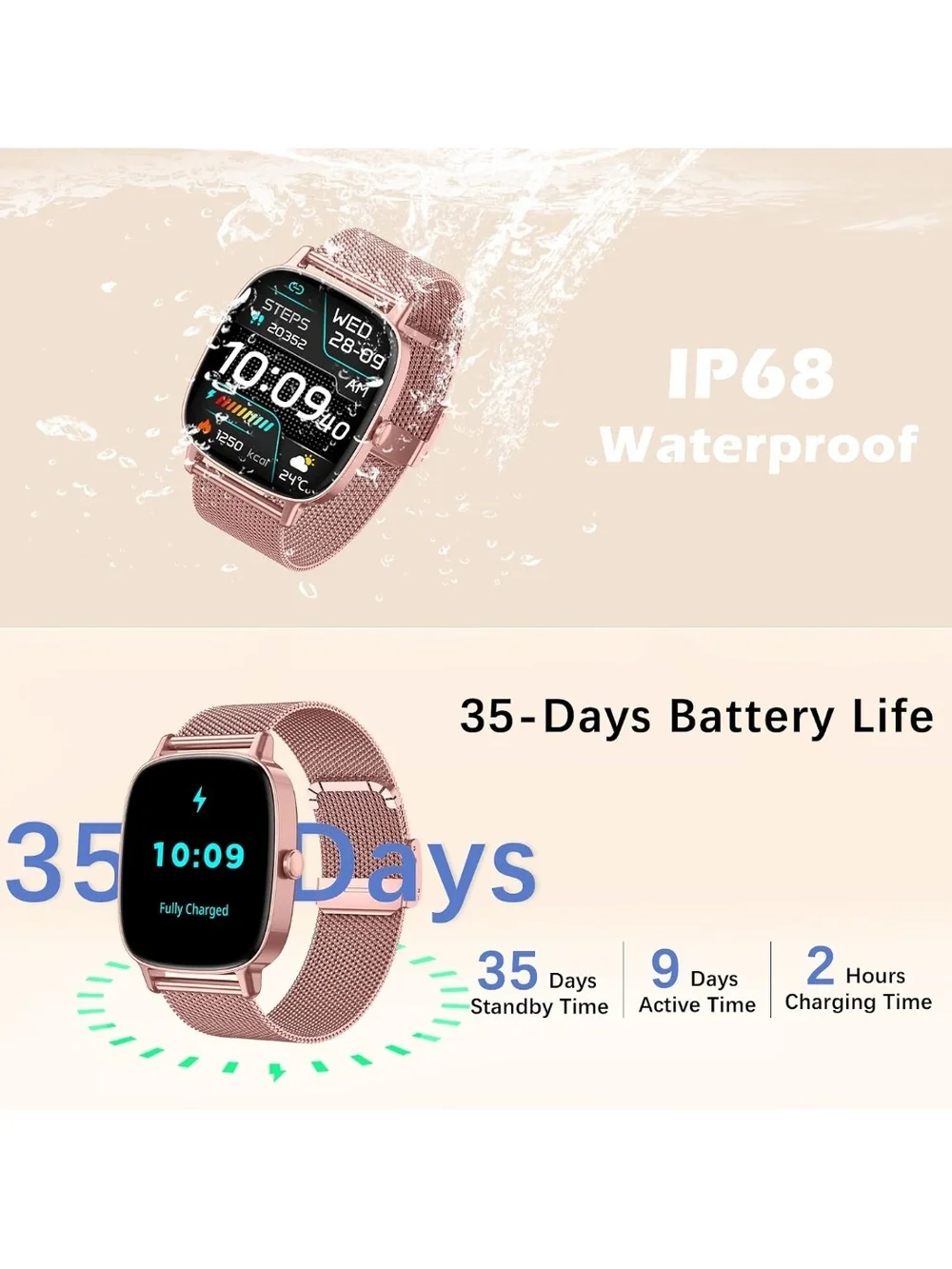 Rose Pink Gold Smartwatch with Mesh and Silicone Bands